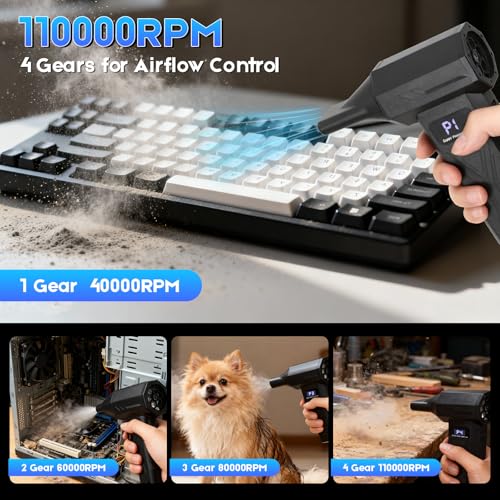 Compressed Air Duster 110000RPM, Cordless Electric Dust Blower | Rechargeable, 4-Speed Adjustable, LED Display, For PC Keyboard Car Home Cleaning, Mini, Replaces canned air, Brushless Motor