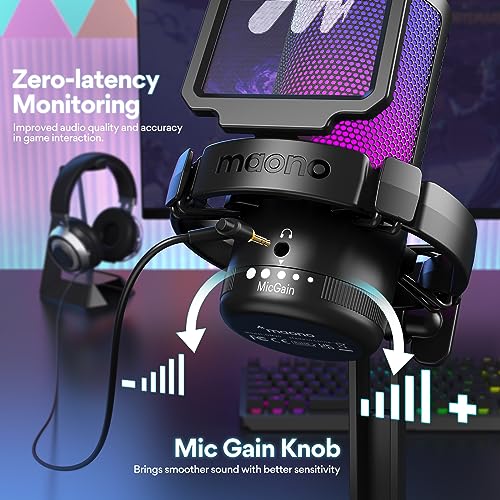 MAONO USB Gaming Microphone with Headphones, PC Computer Condenser mic with Noise Cancellation, RGB Lights, Mute for Streaming, Recording, Podcast, Chat, Twitch, YouTube, Discord, GamerWave, MH601