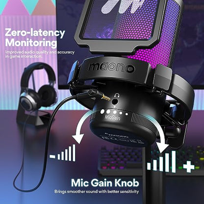 MAONO USB Gaming Microphone with Headphones, PC Computer Condenser mic with Noise Cancellation, RGB Lights, Mute for Streaming, Recording, Podcast, Chat, Twitch, YouTube, Discord, GamerWave, MH601