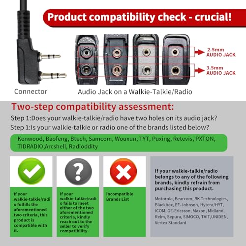 Swivel Earpiece Over Ear Headset with Microphone K1 Uv-5r Ptt C Shape Ear Piece 2 Prong Dual Pin Walkie Talkie Headphone for Kenwood Retevis Baofeng nx1300 rt22 bf 888s gmrs uv-17 rt68 2-Way Radio