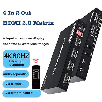 4K 4x2 HDMI Matrix Switch with 3.5mm Stereo Audio Extractor and Audio Optic Output, 4 in 2 Out Video Switcher&Splitter, Support HDMI 2.0 4K@60Hz