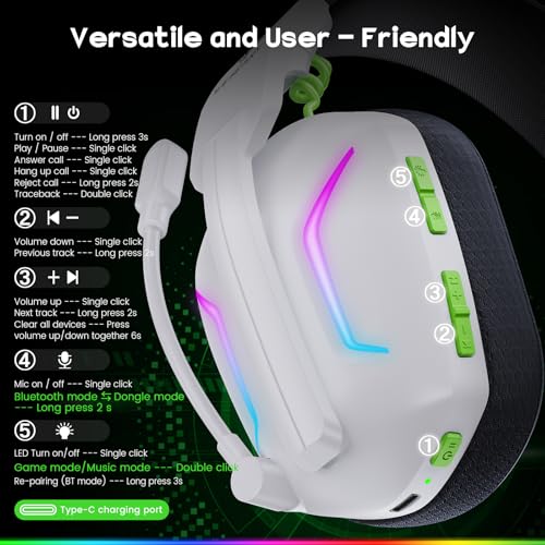 WESEARY Wireless Gaming Headset for PC, PS5, PS4, Switch, Mac, 2.4GHz Wireless Gaming Headphones with ENC Noise Canceling Microphone, Bluetooth 5.4, Cool Lighting, 50H Battery, 50mm Drivers