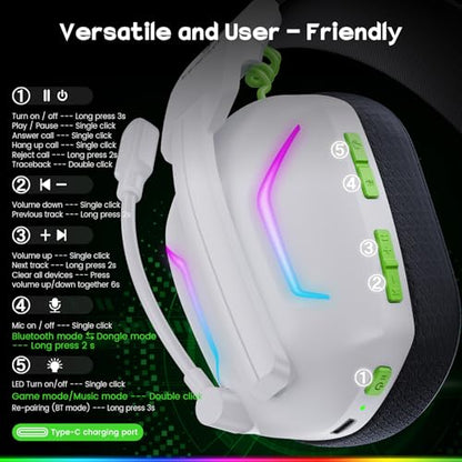 WESEARY Wireless Gaming Headset for PC, PS5, PS4, Switch, Mac, 2.4GHz Wireless Gaming Headphones with ENC Noise Canceling Microphone, Bluetooth 5.4, Cool Lighting, 50H Battery, 50mm Drivers