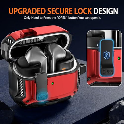 Safety Lock Case for Samsung Galaxy Buds3 FE/3/3 Pro (Red) | with Phone Stand,with Secure Lock Clip & Cleaning kit Full Body Shockproof Carbon Fiber Protection Design - color: D-Red