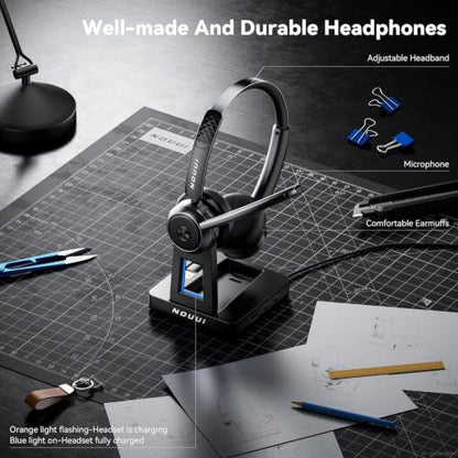 Wireless Headset with Mic for Work, Wireless Headphones with Mic(Noise Cancelling & Mute Button),65H Battery with Charge Base Bluetooth Headset with Microphone for PC/Call Center/Computer/Zooms/Teams