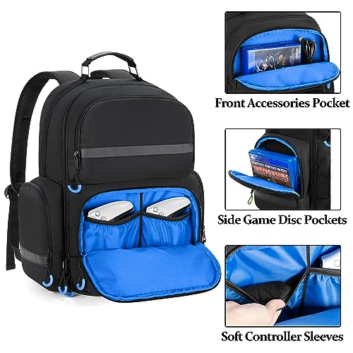 PGmoon Console Backpack Compatible with Playstation 5/PS5 Slim/PS5 Pro | Travel Carrying Case Bag with Protective Liner, Fits 15.6" Laptop, Controllers and Most Gaming Accessories (Patent Design) - color: Blue