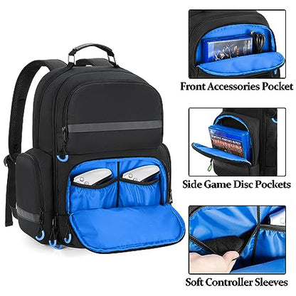 PGmoon Console Backpack Compatible with Playstation 5/PS5 Slim/PS5 Pro | Travel Carrying Case Bag with Protective Liner, Fits 15.6" Laptop, Controllers and Most Gaming Accessories (Patent Design) - color: Blue
