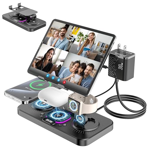 Upgrade Wireless Charging Station with Clock & 7 Color Ambient Light, for iPhone17/16/15 Series, Apple Watch 11 10 9, AirPods 4/3/2, 30W desk wireless charger, Multiple Devices iPad Samsung Stand Dock