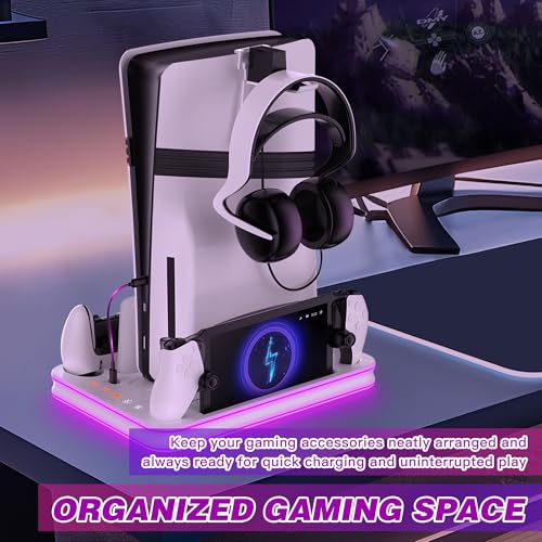 Aurassense PS5 Charging Dock, Cooling Stand with Dual Controller Charger | Compatible with PS5, PS5 Slim and PS5 Pro, featuring cooling fan, dual controller charging and headset storage - color: White