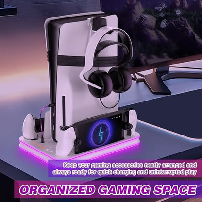 Aurassense PS5 Charging Dock, Cooling Stand with Dual Controller Charger | Compatible with PS5, PS5 Slim and PS5 Pro, featuring cooling fan, dual controller charging and headset storage - color: White