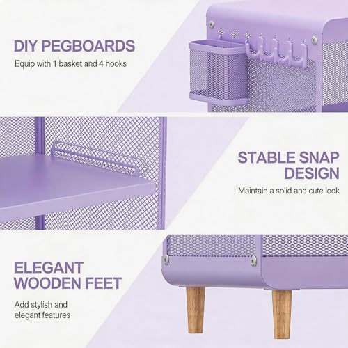 SYKIARIOL Kids Nightstand for Girls, 3-Tier Storage Shelf, Purple | Metal Bedside Table with 4 Hooks & Hanging Basket, Toddler Night Stand for Bedroom - color: Purple