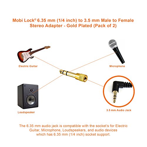 2Pcs 6.35mm Plug to 3.5mm Socket Stereo Audio Jack Adapter, Gold-Plated | 1/4in to 1/8in, connects amps, guitars, pianos, drums, speakers & mics to smaller devices