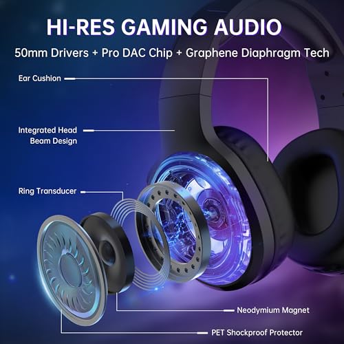 PS5/4, 닌텐도 스위치, PC와 호환되는 무선 게이밍 헤드셋 - 블랙 | 블루투스 5.4 및 2.4GHz 게이밍 헤드폰, 노이즈 캔슬링 마이크, RGB, 타입 C, 20ms 대기 시간, 45H, 7.1 가상 서라운드 - color: 블랙.