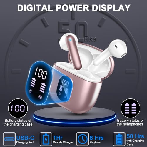 Wireless Earbuds, Bluetooth 5.4 Headphones 50H Playback Bass Stereo Ear Buds with 4 ENC Cancelling Mics, in-Ear Earphones with LED Display, IP7 Waterproof USB-C for Laptop Pad Phones Workout Rose Gold - color: Rose Gold