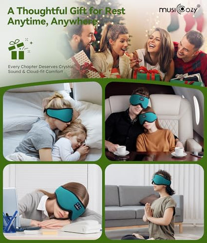 MUSICOZY 3D Sleep Headphones Bluetooth 5.4 Breathable Sleep Eye Mask | Cooling Fabric Lining with Blackout Design for Side Sleeper, HD Stereo Sound, 14 Hours Playtime for Sleep, Travel, Relaxation - color: Green