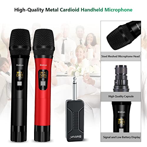 Bietrun Wireless Microphone Dynamic Mic System with Rechargeable Receiver, 1/4" Output, for Karaoke, Church, Speech, Wedding, Party Singing(160 ft Range)-Auto Connect - color: Black Red