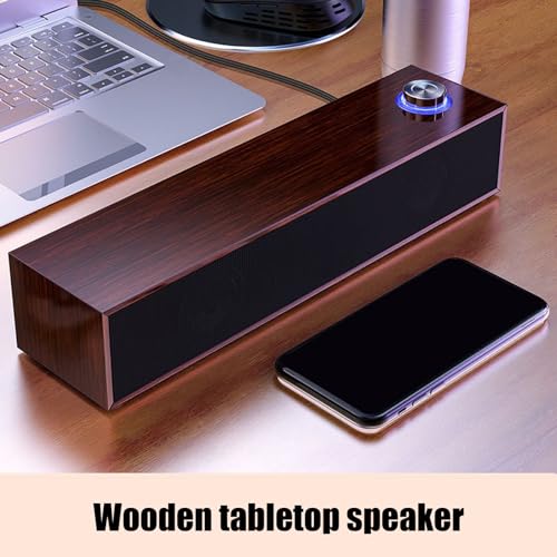 Wood Computer Speakers for Desktop, Mini Sound Bar Speaker with Stereo Sound, USB Powered Small PC Speakers, with Volume Knob, 3.5mm AUX Plug & , Plug and Play