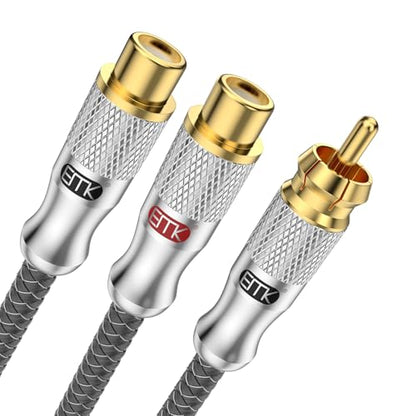 EMK Gold-Plated RCA Y-Splitter 1 Male to 2 Female Extension Cable RCA Splitter - Shielded Design for Subwoofers, TVs, & Home Theaters (1Ft/30CM) - color: 2 Female to 1 Male Silver, size: 1 Ft/0.3M, style: RCA to 2RCA