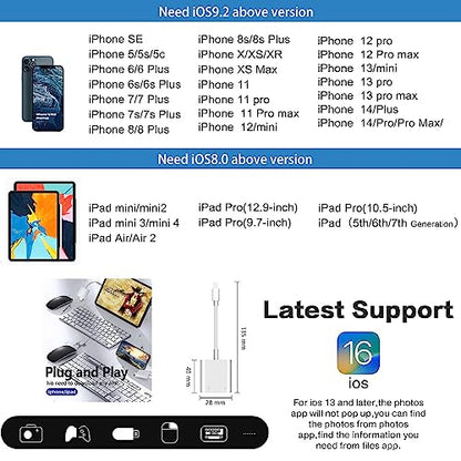KikoSaka Lightning to USB Camera Adapter with Lightning Charging Port | USB 3.0 Female OTG Cable Keyboard Mouse for iPhone 14 13 12 11 X 8 7 6 No Support USB C, SSD, Hard Disk