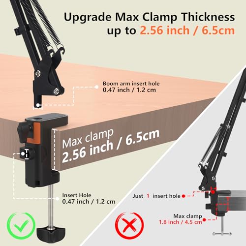 Table Clamp Mount for Microphone Stand, 2-in-1 Mic Boom Arm Clamp Table C Clip for Desktop Overhead Camera Tripod Mic Stand Lamp Base, Fits Up to 2.56 inch 6.5cm Desktop Thickness, 1 PCS