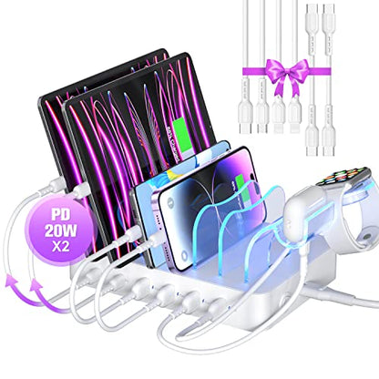 SooPii 6-Port USB C Charging Station for Multiple Devices,2 PD 20W Fast Charging for lPhone 15 and More,6 Charging Cables and 2in1 Holder for IWatch Charger & Air Pods Included