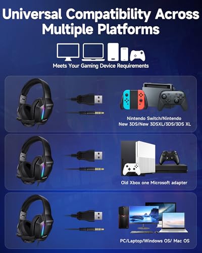AOC Wired Gaming Headset, Headphones for Xbox Series PS5 PC Switch, Black | Surround Sound, Noise Canceling Over-Ear Gaming Mic, RGB Lights, 50mm Drivers, 3.5mm Jack - color: Matte Black