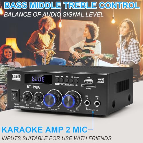 Romica Stereo Audio Amplifier, 2 Channel 450W Bluetooth 5.0 Home Audio Stereo Receiver with FM Radio, USB, SD, Optical & Coaxial Inputs, Amplifier for Passive Speakers and Active subwoofer