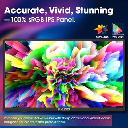 Kado Portable Monitor 15.6'' Ultra-Slim 100% sRGB 1080p IPS Second Display | 180° Kickstand Laptop Monitor 1920x1080, Carrying Case for PC, Mac, Phone, Dex, Xbox, PS5, USB-C & HDMI Connectivity - size: Kickstand