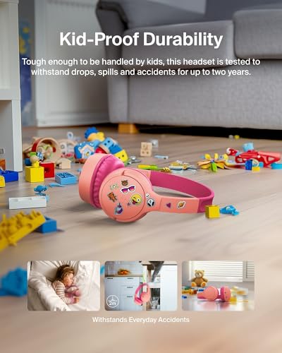Belkin SoundForm Mini Bluetooth Kids Headphones with Case, 30H Battery Life | Toddler headphones, carrying case included, 85dB volume limiter, built-in mic, iPad, Android tablet, school - color: Pink, style: Wireless (USB-C) + Case