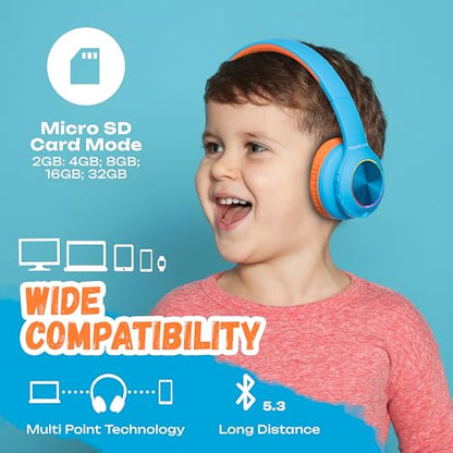 PowerLocus PLED Kids Bluetooth Headphones, Kids Wireless Headphones with LED Lights, 74/85/94dB Safe Volume, Micro SD, AUX Cable, Hi-Fi Stereo, Built-in Mic Over Ear Kid Headphone for Travel/Tablet/PC - color: Blue/Orange