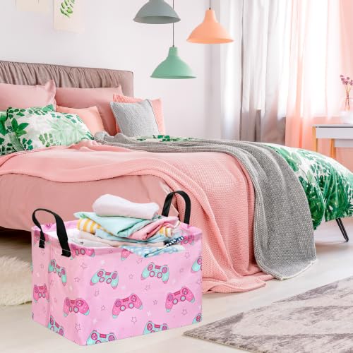 MAIZMZ Girls Storage Basket,Pink Controller Print Kids Hamper,Waterproof Lining, Leather Handles, Collapsible for Gamer Girls, Toys, Clothes, Gift Basket - color: Pink Handle
