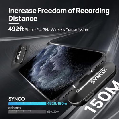 SYNCO Wireless Lavalier Microphone for iPhone, Mini Wireless Lapel Mic with Noise Cancellation, 492ft/150m Range, Real-Time Monitoring, Plug & Play for TikTok, YouTube, Vlog, Streaming & Interview
