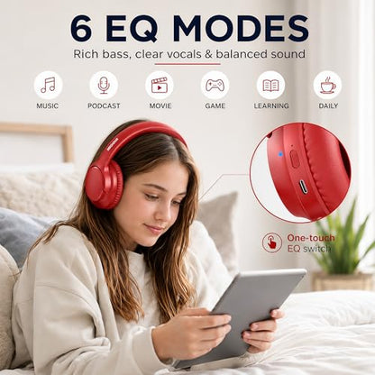 Bluetooth Headphones Wireless 68H with Mic,Decent Sound-Acceptable Red | Adjustable Headband Foldable Over-Ear Lightweight for Office/Travel/Tablet/iPad/Laptop,HD Stereo Sound,Aux 3.5mm - color: Red