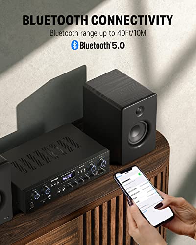 Donner Bluetooth 5.0 Stereo Audio Amplifier Receiver, 4 Channel 440W Peak Power Home Theater Stereo Receiver with USB, SD, FM, 2 Mic in Echo, RCA, LED, Speaker Selector for Studio, Home - MAMP5 - size: 440W