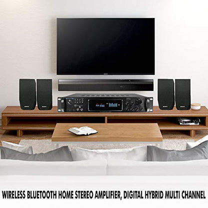 1500 Watt Bluetooth Home Stereo Amplifier, Digital Hybrid Multi Channel | Preamp, Tuner with USB and SD Inputs, 2 Mic Inputs, AM/FM digital tuner, Wireless Remote, Bass & Treble Controls