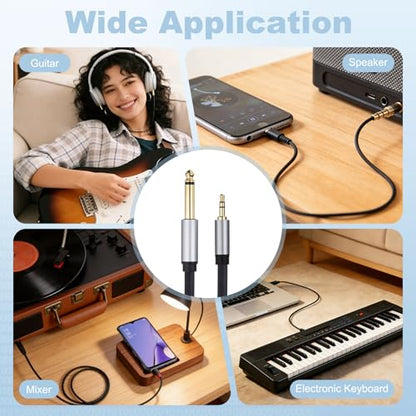 MECCANIXITY 1/4" TS to 1/8" TRS Audio Cable 2FT 6mm Stereo Cable Black - size: 2FT, 6mm Dia