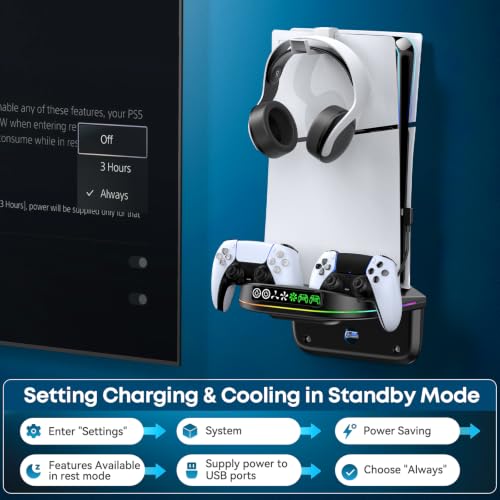 P S5 Wall Mount Kit with Cooling Fan and Charging Station Compatible with PS5/Slim/Pro Disc and Digital, PS Five Floating Shelf with 9 RGB Lights, PS5 Mount Behind TV, P5 Accessories for Gaming, Black - color: Black