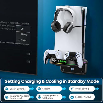 P S5 Wall Mount Kit with Cooling Fan and Charging Station Compatible with PS5/Slim/Pro Disc and Digital, PS Five Floating Shelf with 9 RGB Lights, PS5 Mount Behind TV, P5 Accessories for Gaming, Black - color: Black