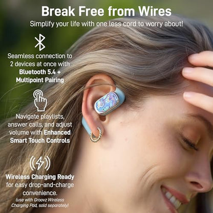 Groovz Open-Ear Plus True Wireless Headphones with Battery Display - Designed & Engineered in the USA - Multi-Point Pairing Bluetooth Open Ear Earbuds Compatible with Apple & Android - Oil Slick - color: Oil Slick