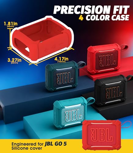 (3 in 1) Orzero Silicone Cover Compatible for JBL Go 5 Waterproof Bluetooth Speaker, Lanyard Dust Plug and Twist-Lock Carabiner for Camping Hiking (Red) - color: Red