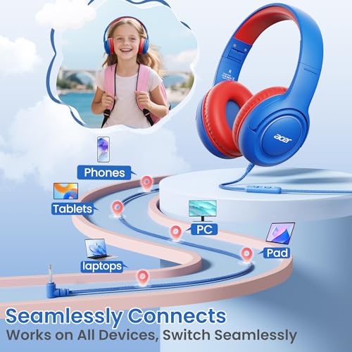 Acer Kids Headphones for School, 85-94dB Limiter, 3.5mm Jack, w/Mic HK03 | Foldable Wired Over Ear Headphones, for Toddler School/Tablet/iPad/PC/Travel, Blue-Red - color: Blue Red