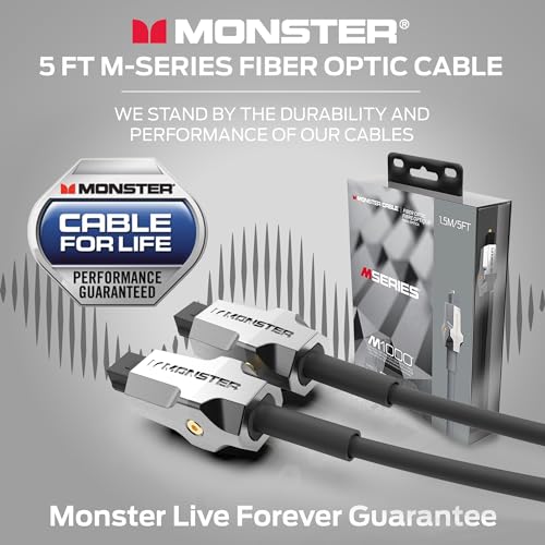 Monster M-Series 1000 Fiber Optic Toslink Cable, Optical Digital Audio Cable for Sound Bar and Home Theater System, Gold-Plated Connectors, 5 ft - size: 5 Feet