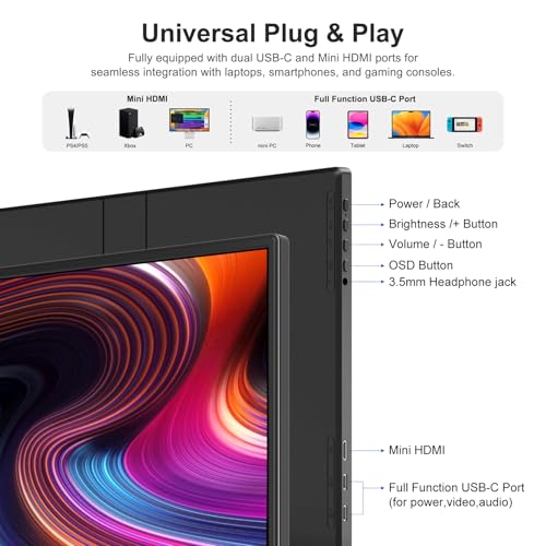 Anyuse 14" FHD USB-C HDMI HDR Portable Monitor | 14" FHD IPS HDR 400nit, USB-C/HDMI, speakers, ultra-slim, plug&play, for PC/Mac/Phone. - size: 14''