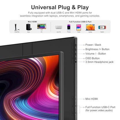 Anyuse 14" FHD USB-C HDMI HDR Portable Monitor | 14" FHD IPS HDR 400nit, USB-C/HDMI, speakers, ultra-slim, plug&play, for PC/Mac/Phone. - size: 14''