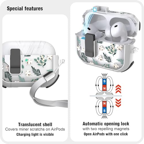 WENEW for AirPods Pro 3 Case (2025) Cover Secure Lock Automatic Snap Switch Clip Cleaner Kit Lanyard Women Stylish Flower Hard Shell Full Body Front LED Visible (Green Leaves, AirPods Pro 3) - color: Green Leaves, size: AirPods Pro 3