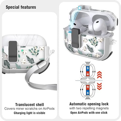 WENEW for AirPods Pro 3 Case (2025) Cover Secure Lock Automatic Snap Switch Clip Cleaner Kit Lanyard Women Stylish Flower Hard Shell Full Body Front LED Visible (Green Leaves, AirPods Pro 3) - color: Green Leaves, size: AirPods Pro 3