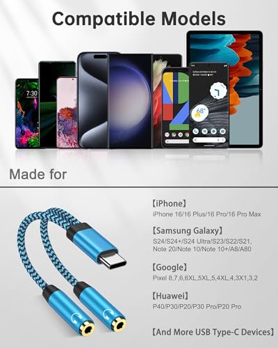 Headphone Splitter for 2 Headphones, USB C to Dual 3.5mm Headphone Splitter | USBC Audio Adapter for iPhone 17 16 15 Pro Max Google Pixel 10 Samsung Galaxy S26 S25, Audio Jack Splitter Earphone Connector - color: Blue