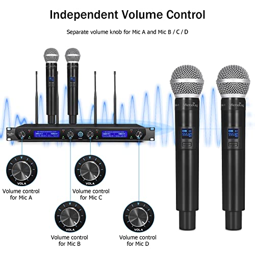 MicrocKing 4 Channel UHF Wireless Microphone System, 4 Handheld Wireless Microphones with Receiver, 400ft Long Range, Professional Dynamic Mic Set for Church, Conference, Wedding, Karaoke and Speech - style: 4 Handheld mics