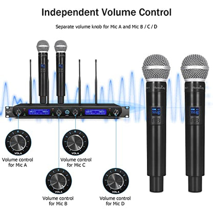 MicrocKing 4 Channel UHF Wireless Microphone System, 4 Handheld Wireless Microphones with Receiver, 400ft Long Range, Professional Dynamic Mic Set for Church, Conference, Wedding, Karaoke and Speech - style: 4 Handheld mics