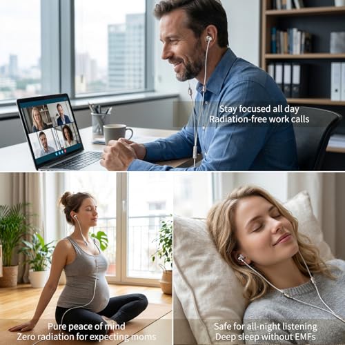 Air Tube Headphones 3.5mm – EMF Free Anti Radiation Wired Earbuds with Noise Reduction Mic & Volume Control – Zero EMF Earphones for Pregnancy, Long Calls – In Ear Comfort for Android, PC, Laptop